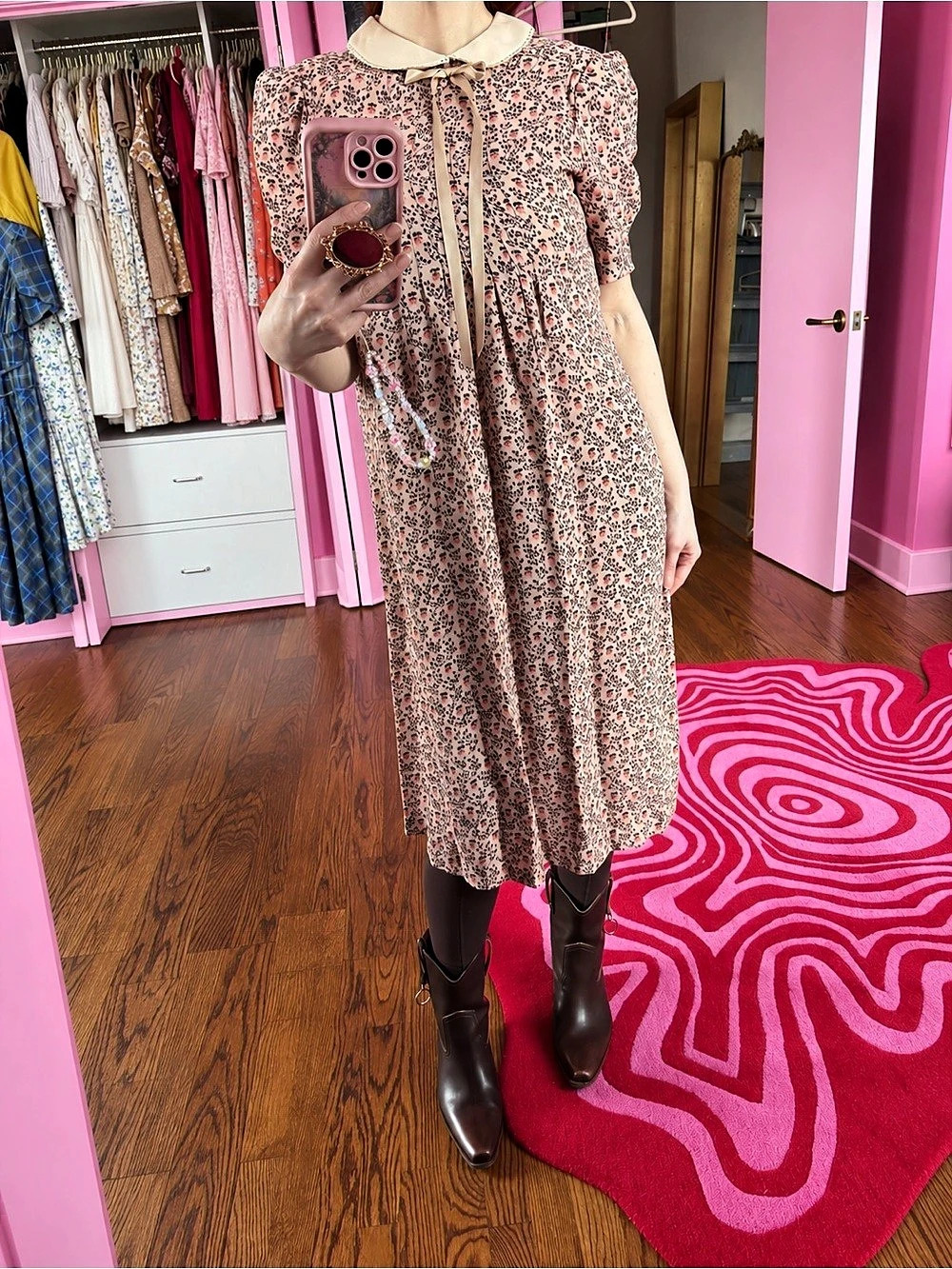 Vintage ILGWU 1970s M Company Floral Prairie Midi Dress w/ Peter Pan Collar -S